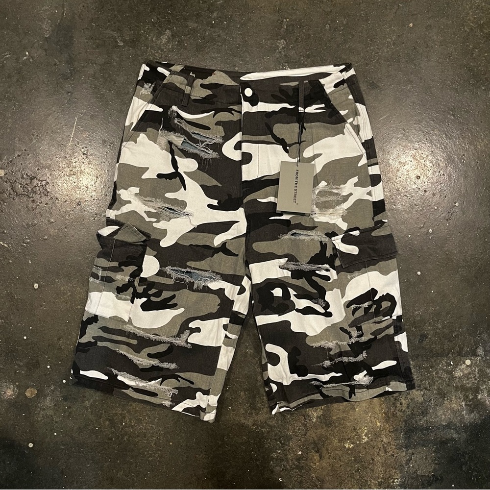 Black and Gray Cargo Shorts with Urban Camouflage